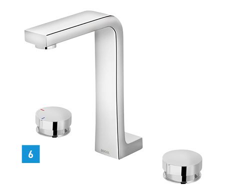 
Waschtischarmatur Blend Flex Mixer (Docol): Je nach Bedarf lässt sich die aus mehreren Komponenten bestehende Handarmatur recht flexibel installieren. Der Abstand zwischen den Dreh-/Drück-Knöpfen und dem Wasserauslauf kann bis zu 60 cm betragen. Abgesehen von der technischen Innovation des doppelten Auslösemechanismus ist durch Temperatureinstellung und Regelbarkeit der Wasserzufuhr eine Ressourcen- und Energieersparnis möglich.
