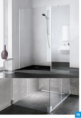 
Duschplatz- und Kabinenkonzept (Kermi): Das variable Konzept Line E70 und Walk-In beinhaltet einen ebenerdigen Duschplatz, der rutschfest beschichtet oder befliesbar ist. Mit dabei ist eine werkseitig eingedichtete Duschrinne, die mit einer geringen Aufbauhöhe von 70 mm auskommt. Feste Stellwände aus Glas oder in anderen Materialien definieren die Kabine je nach Bedarf in unterschiedlichen Breiten und Ausführungen. Optische Kontraste durch Farbe oder ein großes Spiegelelement sind möglich. Das Profil- und Rinnendesign soll sich auch in bestehendes Ambiente einfügen.
