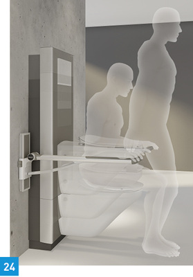 
WC-Lifter Select von Pressalit: Je nach Bedarf kann dieser Lifter die passende Sitzhöhe anbieten. Das System lässt sich aufgrund seiner moderaten Maße auch im Bestand einbauen und ist mit Stützklappgriffen aufrüstbar. Neben dem Nutzungskomfort wurde die Sicherheit der Höhenverstellung geprüft. Die haptisch gestaltete Fernbedienung soll intuitiv bedienbar sein. Die variable Farbgestaltung zielt auf ästhetische Erwartungen der Kunden, soll aber auch ein Plus an Orientierung bringen.
