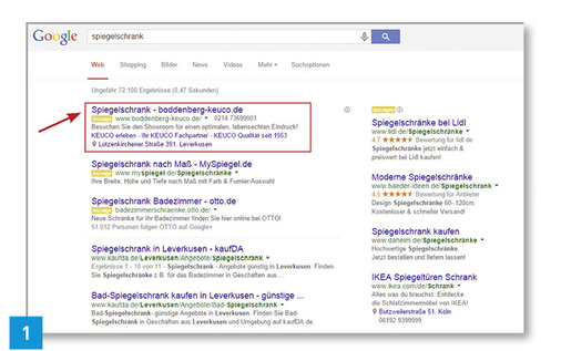 
1 Lokale Anzeigenschaltungen im Umkreis von 20 bis 40 km ermöglichen den teilnehmenden Handwerksbetrieben eine gute bis sehr gute Platzierung in der Google-Ergebnisliste.
