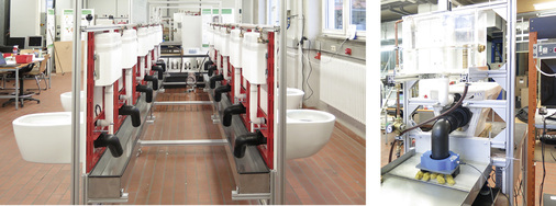 Die Versuche am zweireihigen Prüfstand mit zwölf WC-Plätzen lieferten interessante Erkenntnisse. Für die Prüfung der Nachlaufwassermenge und andere normative Detailprüfungen wurde ein Normprüfstand (r.) angedockt.

