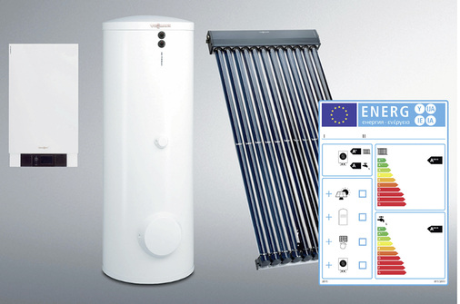 
ErP-Labeling: Komplette Anlagen erhalten ein Paketlabel, wie in diesem Beispiel mit Gas-Brennwertgerät, Speicher-Wassererwärmer und Vakuum-Röhrenkollektor.
