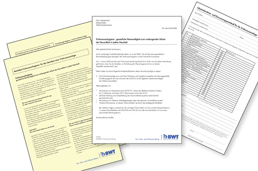 
Informierte Nutzer sind eine Chance für den Installateur – Merkblätter für die Trinkwasserhygiene, ein Übergabeprotokoll und ein Hinweisprotokoll bietet BWT auf seiner Homepage an.
