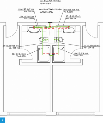 <p>
Was passiert, wenn nur im linken Bad Waschtisch und WC benutzt werden und das rechte Hotelzimmer nicht belegt ist? Die Simulation dieses Zapfvorgangs zeigt, dass die Leitungen im ungenutzten Bad durchspült werden.
</p>