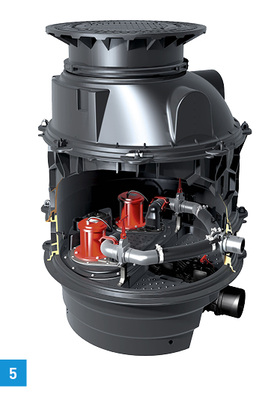 
In einen Kunststoffschacht integriert können Hybrid-Hebeanlagen wie Ecolift XL auch außerhalb des Gebäudes eingebaut werden.
