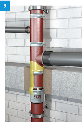 
Einbau der Steckverbindung Brandschutz SVB mit abZ Z.Nr. 19.17-2130 in die gusseiserne Fallleitung (Saint-Gobain HES).
