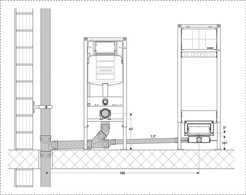 
Konventioneller Anschluss an den Fallstrang: Für die geräuscharme Entwässerung sorgen erprobte Komponenten. Selbst der herkömmliche Aufbau der Entwässerung bleibt oberhalb des Estrichs und bildet keine Schallbrücke.
