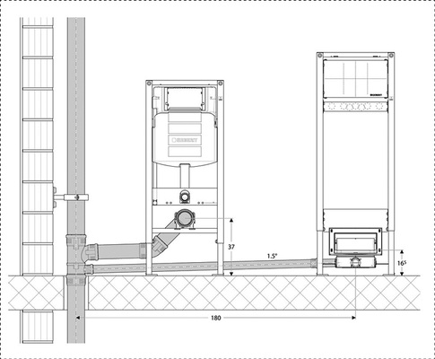 
Auch eine geringe Aufbauhöhe für die Entwässerung der bodenebenen Dusche gelingt, ohne den Estrich zu schwächen oder eine Schallbrücke zu bilden. Dazu wird die Abflussleitung der Dusche nicht mehr an den WC-Ablauf gekoppelt, sondern erhält eine Direktverbindung zum Kombibogeneckabzweig in der Fallleitung.
