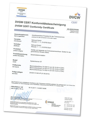 
DVGW-zertifiziert nach DVGW-Arbeitsblatt W540 dürfen die Sicherheitstrennstationen in häuslichen und gewerblichen Trinkwasserinstallationen zur Absicherung des Trinkwassers gemäß DIN EN 1717 eingesetzt werden.
