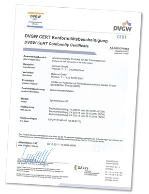 <p>
DVGW-zertifiziert nach DVGW-Arbeitsblatt W540 dürfen die Sicherheitstrennstationen in häuslichen und gewerblichen Trinkwasserinstallationen zur Absicherung des Trinkwassers gemäß DIN EN 1717 eingesetzt werden.
</p>