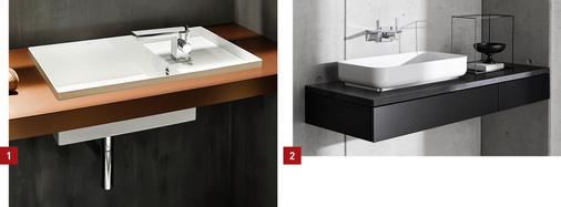 
1 Die Einbaubecken-Variante 2step ist eine filigrane Speziallösung von Alape, bei der der Beckenrand 25 mm über die Trägerplatte hinausragt.



2 Ideale Balance: das neue Rechteckbecken Stream (erhältlich in vielen Einbauvarianten).

