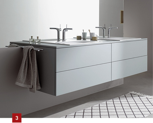 
3 Modules ist ein modulares Badmöbel-System von Bette im Rastermaß, das Stauraum in Schubladenform am Waschtisch und an der Badewanne bereithält.
