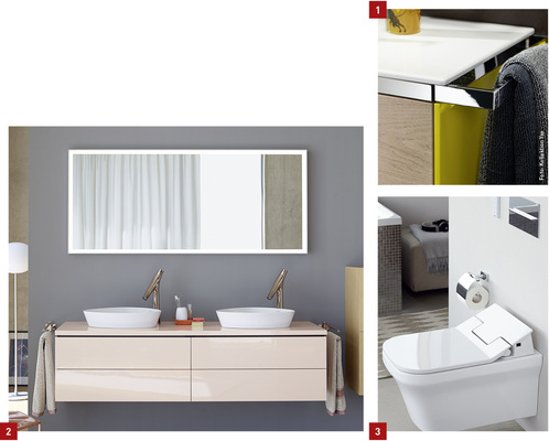 
1 Rundum auf Maß: umlaufend weich profilierte Keramikkante und durchgehende Glasur bei Burgbad.



2 Eine geometrische Formensprache definiert den Designcharakter der Möbelserie L-Cube von Duravit.



3 Sensowash Slim bietet einfache Duschfunktionen für sieben Duravit-Design-Serien.
