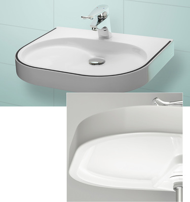 
Die Variuscare-Einzelwaschtische von Franke sind mit einem Farbstreifen erhältlich, der eine visuelle Orientierung für die Waschmulde gibt.



Der Waschtischrand (hier von unten zu sehen) verfügt über integrierte Griffhilfen, die das Heranziehen von allen Seiten erlauben.
