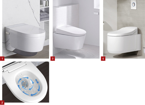 <p>
1 Beim neuen Dusch-WC Geberit Aquaclean Mera wird ein rotierender und pulsierender Duschstrahl mittels dynamischer Luftbeimischung verfeinert.
</p>

<p>
2 Effizient und leise: Die von Geberit entwickelte, asymmetrische Innengeometrie der Keramik mit einer seitlichen Spülöffnung ermöglicht eine besonders gründliche Ausspülung.
</p>

<p>
3 Ohne Strom: Für die Installation der Fernbetätigungen ist kein Stromanschluss nötig, die Spülung wird ganz einfach über den Leitungsdruck ausgelöst.
</p>

<p>
4 Dusch-WC-Linien der neuesten Generation: das rundovale Sensia Arena von Grohe.
</p>