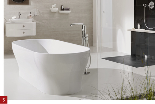 
5 Grohe kommt jetzt mit eigenen Keramiklinien: Die sechs neuen Komplettbadlinien in Keramik und Acryl passen zu fast allen Grohe-Armaturen – hier das Essence-Bad.

