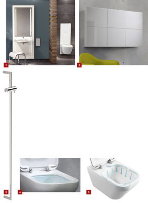
1 Mit S 50 bietet Hewi Waschtisch- und WC-Module, die sich in ihrer Höhe individuell an die Bedürfnisse aller Nutzer anpassen lassen.



2 Hewi bietet mit dem System-Mobiliar M 40 Badmöbel- und Schrankmodule für das Badezimmer an.



3 Die Hewi-Accessoires von System 162 sind in einer verchromten Ausführung erhältlich. 



4 + 5 Alternative zu spülrandfreien WCs: Ideal Standard bringt mit Aquablade eine neue Technik, bei der das Wasser rundum und überspritzungsfrei aus einem Schlitz strömt. 
