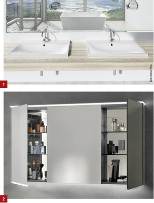 
1 Erweiterung des Kaldewei-Produktportfolios aus Stahl-Email: Markteinführung mit fünf Waschtischserien.



2 Der neue Spiegelschrank Option von Keramag bietet neben direkter und indirekter Beleuchtung beidseitig verspiegelte Türen.
