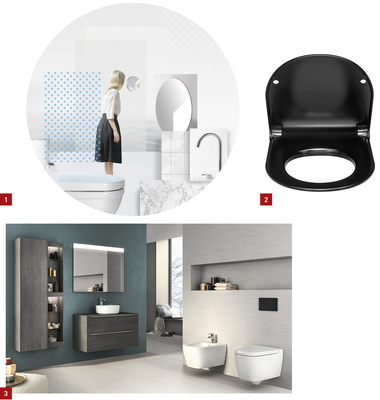 
1 Raffinierte Punktmuster verleihen dem Badezimmer einen eleganten Touch: WC-Sitze Colour Blend von Pressalit.



2 Stilvolle schwarze Kurven verleihen dem Bad das gewisse Etwas: WC-Sitz Sway D.



3 Baukastensystem: Sowohl das runde WC als auch das Bidet in der gleichen Formvariante harmonieren perfekt mit den Inspira-Badmöbeln von Roca – hier die Variante soft.
