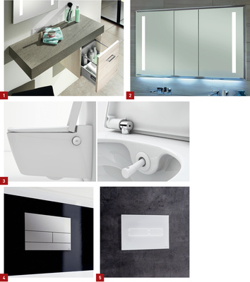 
1 Trendfarbe: Die neue Farbe Linde hell gibt es bei vier weiteren Sanipa-Möbelprogrammen.



2 Reflection-15 von Sanipa ist zu den gängigen Waschplatzbreiten in 60 cm, 80 cm, 100 cm, 120 cm und 130 cm erhältlich.



3 Das Dusch-WC nutzt warmes Wasser aus der Leitung. An beiden Seiten findet sich in die Keramik integriert ein Bedienknopf, der Wassermenge (rechts) und Wassertemperatur (links) regelt.



4 Design-Drückerplatte aus Edelstahl: Tecesquare II optimiert Universalität und Montagefreundlichkeit.



5 Aha-Effekt und Orientierungslicht bei Nacht dank stromsparender LED-Betätigungsplatte: Tecelux Mini.
