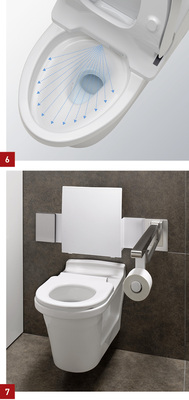 
6 Die PreMist-Funktion von Toto benetzt das gesamte WC-Innenbecken schon vor der Benutzung mit einem Sprühnebel aus Wasser.



7 Das barrierefreie, randlose WC CF bietet Komfort und ist mit der Spülung Tornado Flush ausgestattet.
