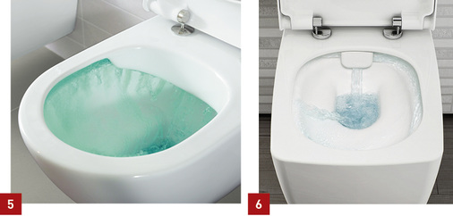 <p>
5 Ab sofort sind 16 weitere WCs standardmäßig mit der Spültechnik Directflush von Villeroy & Boch ausgestattet.
</p>

<p>
6 Update der spülrandlosen Technik: Vitraflush 2.0 – hier beim Metropole-WC.
</p>
