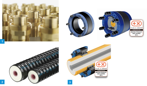 
1 Für Produkte, die mit Trinkwasser in Berührung kommen, verwendet Beulco den Werkstoff Cuphin (CW724R).



2 Die Calpex-Rohrsysteme von Brugg finden ihre Anwendung im Nah- und Fernwärmebereich.



3 Neue Klasse von Dichtungseinsätzen (v. l.): Curaflex Nova Uno, Multi und Senso.

