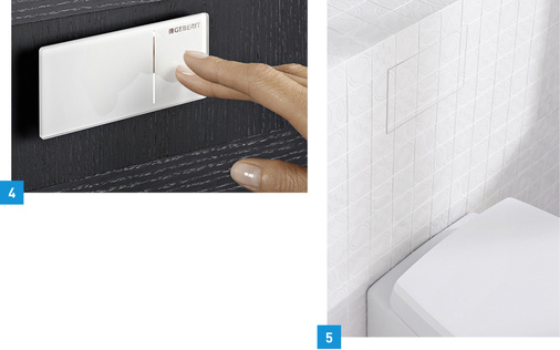 
4 Ohne Strom: Für die Installation der Geberit Fernbetätigungen ist kein Stromanschluss nötig, denn die Spülung wird über den Leitungsdruck ausgelöst.



5 Sauber verschlossen: Geberit bietet als Ergänzung zu den Fernbetätigungen unterschiedliche Abdeckplatten für die Revisionsöffnungen der Unterputz-Spülkästen an.
