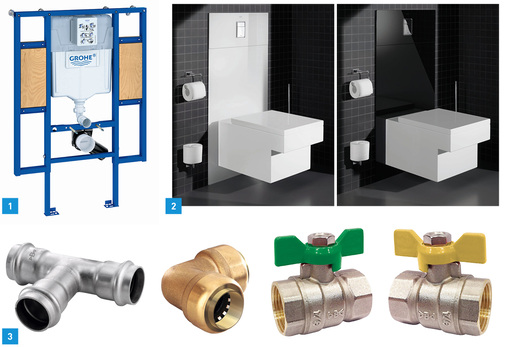 
1 Das Installationssystem Grohe Rapid SL verfügt über ein WC-Element mit vormontierten Befestigungstafeln, an denen Stütz- und Haltegriffe angebracht werden können.



2 Neu im Grohe-Sortiment ist ein Glasmodul für die Wand hinter dem WC in zwei Versionen: Moon White und Velvet Black.



3 IBP präsentierte auf der ISH mit dem Edelstahlfitting B Press Inox, dem Steckfitting B Push und dem neuen Kugelhahnprogramm gleich drei neue Produkte seiner Marke Conex / Bänninger.
