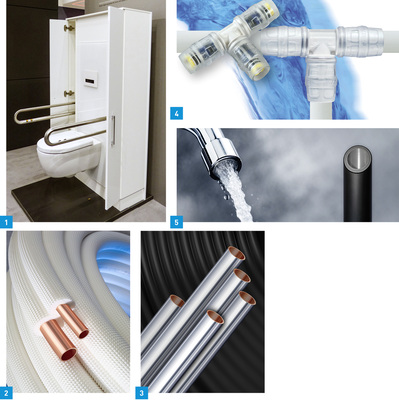 
1 Das WC-System für barrierefreie Anwendungen von Mepa berücksichtigt funktionale Aspekte und steht im Einklang mit der DIN 18040.



2 Die vorgedämmten Kupferrohre Talos Ecutherm eignen sich für vielseitige Einsatzmöglichkeiten.



3 Bei Talos-Plated handelt es sich um verchromte Kupferrohre für die sichtbare Anbindung von Armaturen oder Design-Heizkörpern.



4 Der PPSU-Steckfitting von Multitubo Systems bietet mit neuer transparenter Steckhülse eine Kontrollmöglichkeit über die hergestellte Verbindung.



5 Im Bereich Hausinstallation präsentierte Poloplast das neue Rohr Polo-UV ML5.
