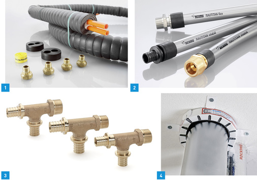 
1 Das vorgedämmte und flexible Rohrsystem Rauvitherm steht als Einfach- (bis d125) und Doppelleitung (bis d63) mit einem kompletten Formteil- und Zubehörprogramm zur Verfügung.



2 Die formstabilen oder flexiblen Universalrohre Rautitan aus PE-Xa bilden zusammen mit der Verbindungstechnik Schiebehülse aus polymeren sowie metallenen Werkstoffen ein Installationssystem.



3 Zu den Rehau-Neuheiten zählen unter anderem drei T-Stücke aus Rotguss für den Anschluss von Unterputz-Armaturen in Reihen- und Ringleitungsinstallationen in der Trinkwasserinstallation.



4 Mit der neuen Conlit-Brandschutzmanschette von Rockwool können Abwasserrohre aus Kunststoff in haustechnischen Installationen in R90-Qualität abgeschottet werden.
