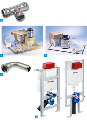 
1 Für feuchtegefährdete Bereiche bietet Sanha nun mit Nirotherm ein komplettes System an Pressfittings und Rohren an.



2 Brandabschottung für die Abwasser-Mischinstallation: Pam-Global SVB-Set MBS.



3 Brandabschottung für die Abwasser-Mischinstallation: Pam-Global SVB-Set IBS.



4 Dank Einstecktiefenmarkierung auf den Reduzierstücken und Bögen VSH XPress von Seppelfricke mit Einsteckende in C-Stahl- und Edelstahlausführung entfällt das Kennzeichnen der Position per Hand.



5 Die neuen WC-Spülkasten-Montagemodule Montus von Schell sind komplett vormontiert.
