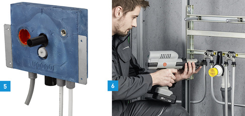 
5 Im Installationsmodul ISI Box sind alle Komponenten für die Trinkwasserversorgung sowie der Abwasseranschluss bereits vormontiert und werksseitig auf Dichtheit geprüft.



6 Mit dem neuen Rohrleitungssystem Viega Raxinox können jetzt auch Etagenverteilungen sortenrein in Edelstahl von der Rolle installiert werden.
