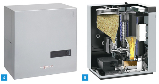 
4 Mit dem wandhängenden Stromspeicher von Viessmann können Betreiber von Mikro-KWK-Systemen den Bezug teuren Netzstroms reduzieren.



5 Der vollautomatische Pelletkessel Vitoligno 300-C von Viessmann ist künftig mit fünf weiteren Leistungsgrößen bis 48 kW lieferbar. 
