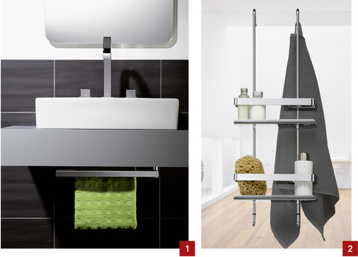 
1 Trickreich: der Handtuchhalter Kulisse von Giese verschwindet per Dreh unter dem Waschtisch.



2 Praktisch: Das Ablagesystem zum Einhängen für die Glasdusche macht nicht nur in Walk-in-Duschen eine gute Figur.
