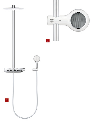 
1 Grohe Smartcontrol: Die Strahlart lässt sich direkt an der Armatur per Knopfdruck auswählen und starten.



2 Grohe und Philips Sound bringen Musikvergnügen in die Dusche: Aquatunes-Bluetooth-Lautsprecher.
