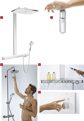 
1 Duscherlebnis unter großen Kopfbrausen: die neuen Hansgrohe-Kopfbrausen Rainmaker Select.



2 Wasser auf Knopfdruck erstmals am Waschtischmischer bei Hansgrohe mit Talis Select.



3 Die Croma Select 180 Showerpipe kombiniert alle Komponenten in einem System: Kopfbrause und Handbrause mit Select-Bedientechnologie in den Varianten E und S, eine verstellbare Brausehalterung, Schlauch und den Ecostat Comfort Thermostat.



4 Zwei in einem – großzügige Glasablage und intelligente Duschsteuerung: Showertablet Select 700.



5 Mit den Unterputzthermostaten Shower Select verschwindet die Technik wie bei Steckdosen in der Wand.
