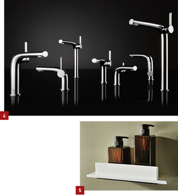 
4 Umfangreiches Armaturenprogramm für Edition 400 von Keuco.



5 Dockingstation für einen Glasabzieher und gleichzeitig Ablage in der Dusche: Duschablage Edition 400.
