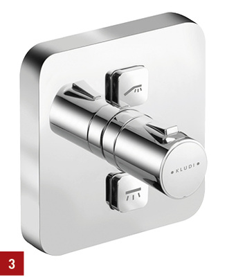 
3 Push ist ein Bedienkonzept für Dusche und Badewanne: Ergonomische Drucktasten starten und stoppen den Wasserfluss auf Knopfdruck, die Temperatur wird am Thermostatgriff vorgewählt.
