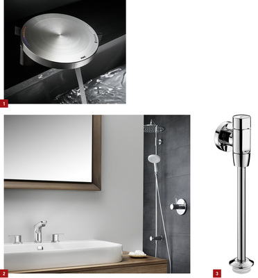 
1 Energie! Die futuristisch anmutende Konzeptstudie Dan von KWC will mit ihrer schlichten Mechanik faszinieren.



2 Gemacht für den Alltag: die umfangreiche Armaturenserie Piana.



3 Leichtgängige Selbstschluss-Armatur mit klarem Design: Tempoflux Urinal von Kuhfuss Delabie.
