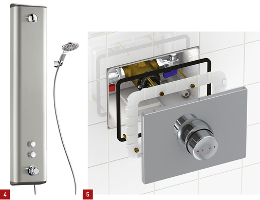 <p>
4 Securitherm- Duschelemente aus Edelstahl (Bild) und Mineralsteel für den Einsatz im Sanierungsbereich.
</p>

<p>
5 Delabie-Thermostat mit wasserdichtem Unterputzkasten.
</p>