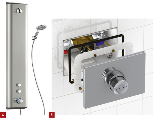 
4 Securitherm- Duschelemente aus Edelstahl (Bild) und Mineralsteel für den Einsatz im Sanierungsbereich.



5 Delabie-Thermostat mit wasserdichtem Unterputzkasten.
