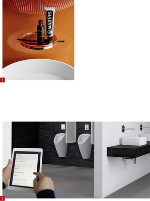 
1 Ja, auch so individuell kann eine Armatur aussehen: Die neuen Wand-mischer Kartell by Laufen.



2 Die Sanitär-App „Smartcontrol“ unterstützt den Betreiber von öffentlichen Laufen-Sanitäranlagen.
