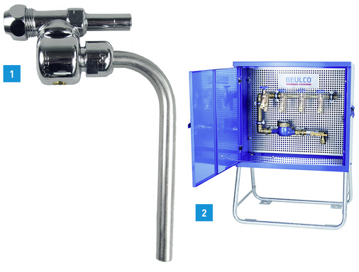 
1 Neu im Beulco Produktprogramm: Das Probenahmeventil als Adapter für das Eckventil.



2 Mobile Trinkwasser-Anschlusseinheit von Beulco, fertig montiert in einem abschließbaren Metallschrank.
