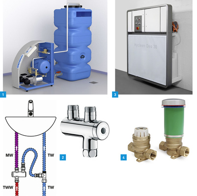 <p>
1 Alle Betriebszustände der Sicherheitstrennstationen von Dehoust können via Internet oder per App geprüft und gegebenenfalls neu parametriert werden.
</p>

<p>
2 Premix Nano: Thermostatische Mischbatterie für vorgemischtes Wasser als Untertischmodell von Kuhfuss Delabie.
</p>

<p>
3 Das Hycleen Des 30 von Georg Fischer ist ein Gerät zur Herstellung von Desinfektionslösungen gegen Bakterien.
</p>

<p>
4 Der Unterputz-Druckminderer Jrgured UP von Georg Fischer ist eine Lösung für Objekte mit mehreren Geschossen und Druckstufen.
</p>