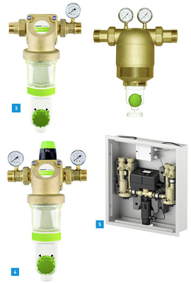 
3 Den Magnetic-Rückspülfilter gibt es in den Anschlussnennweiten DN 25 und DN 32 (links) und als XXL-Version DN 50 bis DN 100 (rechts).



4 Die Hauswasserstation bietet Magnetic in den Anschlussnennweiten DN 25 und DN 32 an. Das System kombiniert Rückspülfilter und Druckminderer.



5 Die neue Hygienespülstation HS2 mit zwei Anschlüssen für Kalt- und Warmwasser von Mepa.

