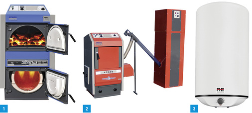 
1 Atmos hat die Kesselreihe KC mit Kohlevergaser mit einem 16 kW Kessel erweitert – speziell für den Kesselaustausch wegen der BImSchV.



2 Für die Beschickung der Pelletkessel gibt es bei Atmos mechanische und pneumatische Vorrichtungen mit dem entsprechenden Zubehör.



3 Die Vacumail Expert-Elektrospeicher von Austria Email zeichnen sich durch einen hochwertigen Korrosions- und Verkalkungsschutz aus.
