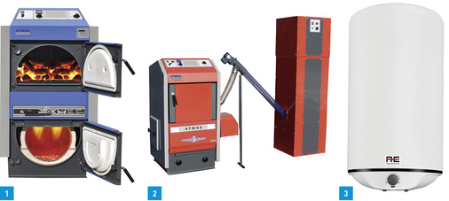 <p>
1 Atmos hat die Kesselreihe KC mit Kohlevergaser mit einem 16 kW Kessel erweitert – speziell für den Kesselaustausch wegen der BImSchV.
</p>

<p>
2 Für die Beschickung der Pelletkessel gibt es bei Atmos mechanische und pneumatische Vorrichtungen mit dem entsprechenden Zubehör.
</p>

<p>
3 Die Vacumail Expert-Elektrospeicher von Austria Email zeichnen sich durch einen hochwertigen Korrosions- und Verkalkungsschutz aus.
</p>