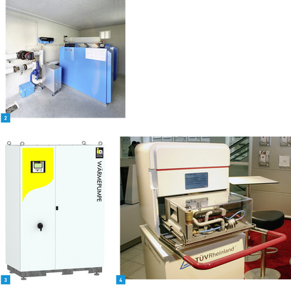 <p>
2 Der Bedarf an Sonderbauten für vorgefertigte Heizanlagen nimmt immer mehr zu. Heizkurier bedient diesen Markt mit Anlagen nach besonderen Wünschen.
</p>

<p>
3 Die Terra Max Großwärmepumpen decken als Kaskade Wärmeleistungen bis zu 700 kW ab und benötigen dabei nur eine geringe Aufstellungsfläche.
</p>

<p>
4 Ein Öl-Brennwertgerät mit 1,5 bis 13 kW hat IWO vorgestellt. Ölrelevante Komponenten sind in der Wechselkassette (im Foto transparent) untergebracht.
</p>