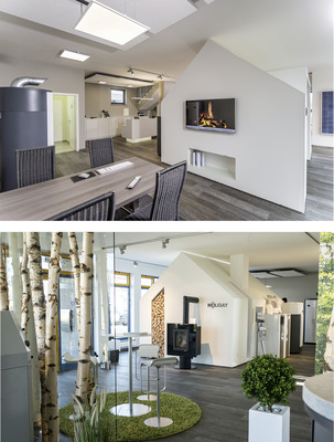 
 Blick in die neue Technikausstellung. Hier zeigt der Meister der Elemente, welche Möglichkeiten es in puncto Heiztechnik für kosten- und umweltbewusste Hausbesitzer gibt. Den Beratungsplatz prägt eine angenehme Waldatmosphäre.
